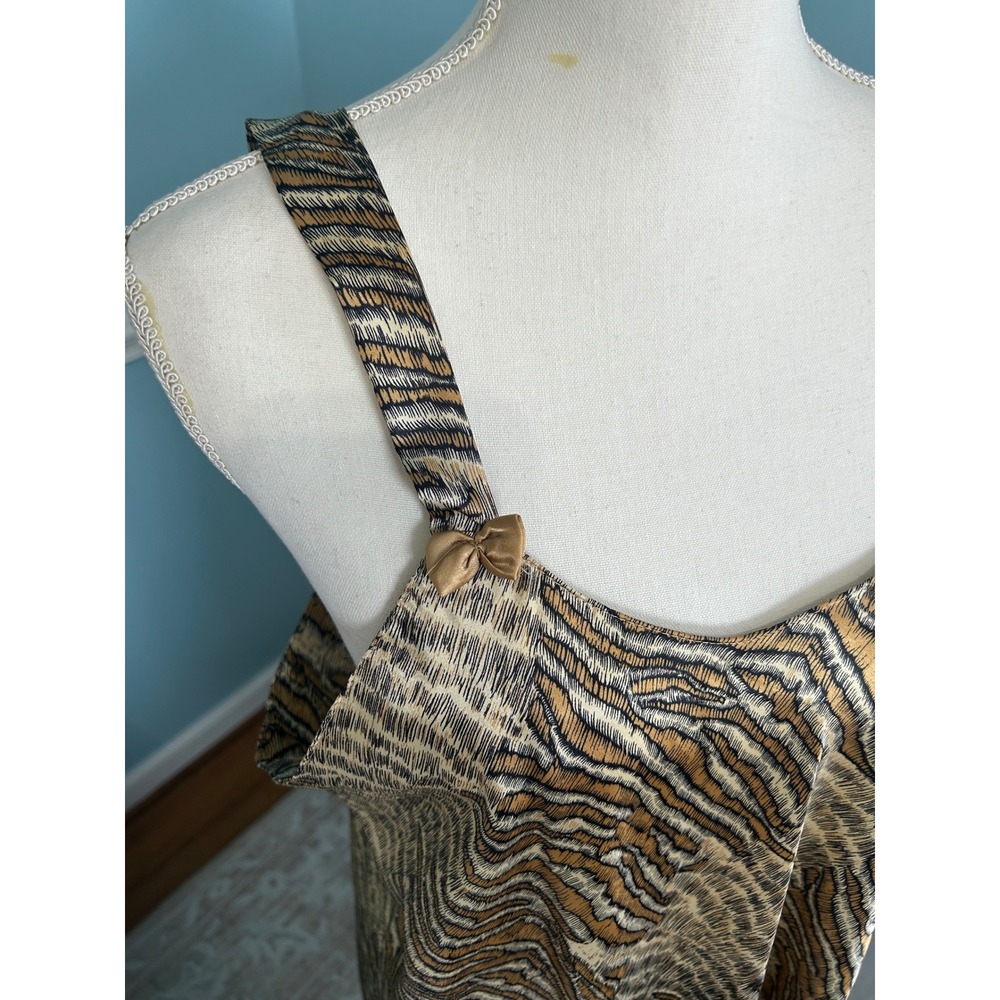 Vintage Tiger Print Satin Nightgown XL Tan Brown Animal Print Bow Strap Chemise - Picture 3 of 6